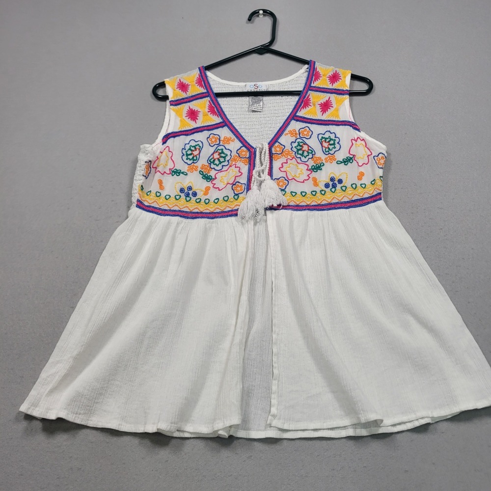 Oso Casuals Womens White Embroidered Sleeveless Tassel Tie‎ Peplum Top Small